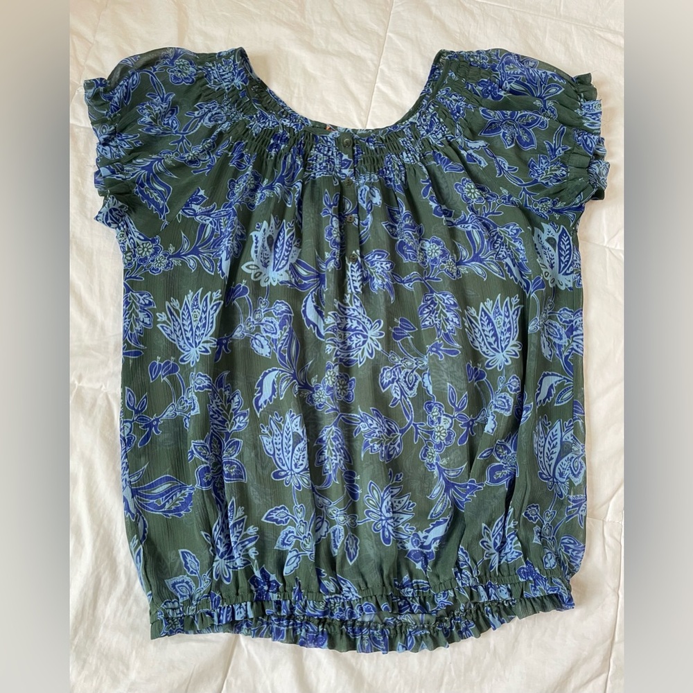 Floral Blue and Green Women's Blousy Top